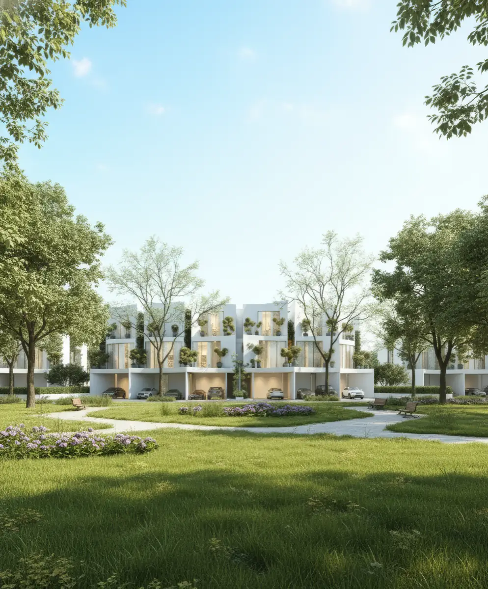 Townhouses facing a landscaped community park